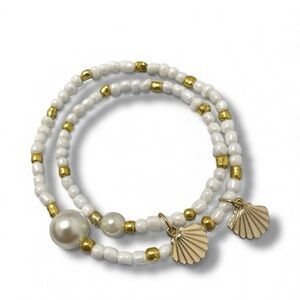 Mommy and Child Glass Beads Bracelet Set with Seashell Charm and Faux Pearl